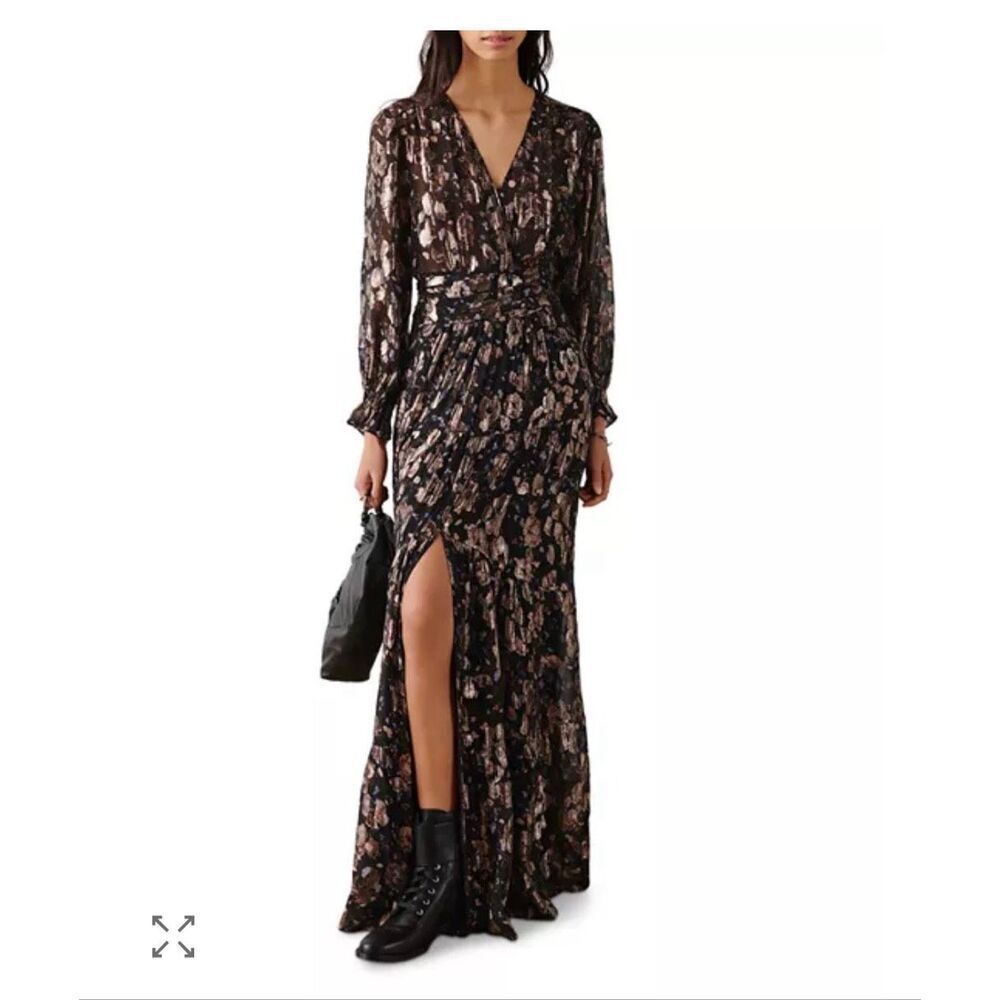 BA&SH Tilane Black and Gold Metallic Printed Silk-blend Maxi Dress Size Small